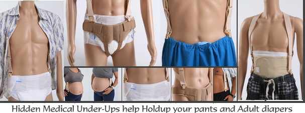 Comfortable hidden suspenders worn under any shirt for those needing to holdup adult diapers, or their pants and shorts after stomach surgery. 